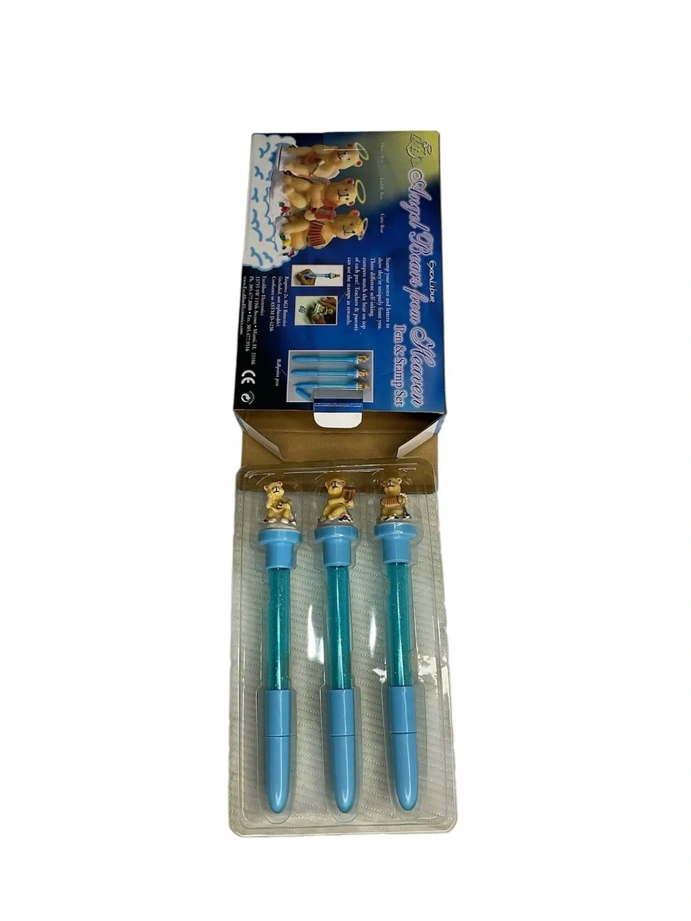 Excalibur Angel Bears From Heaven Pen & Stamp Set NOS Light Up Pens Gift Set